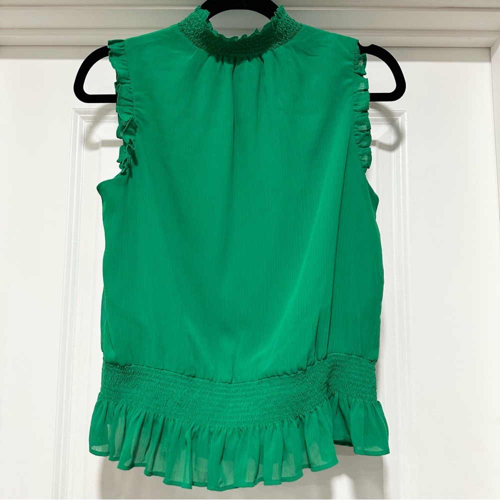 J.Crew Sleeveless Chiffon Smocked Ruffle Neck Hem Top Bright Kelly Green Size 2